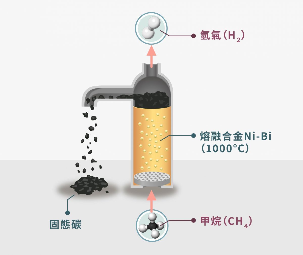 如圖所示，此為天然氣裂解的簡易流程，當天然氣進入管柱時，需要熔融合金 Ni-Bi 作為催化劑，以便在高溫環境下轉化為固態碳（C）和氫氣（H2）。 圖｜研之有物（資料來源｜Science）